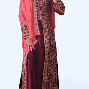 Elegant Pink and Burgundy Velvet Embroidered Palestinian Thobe and Headpiece